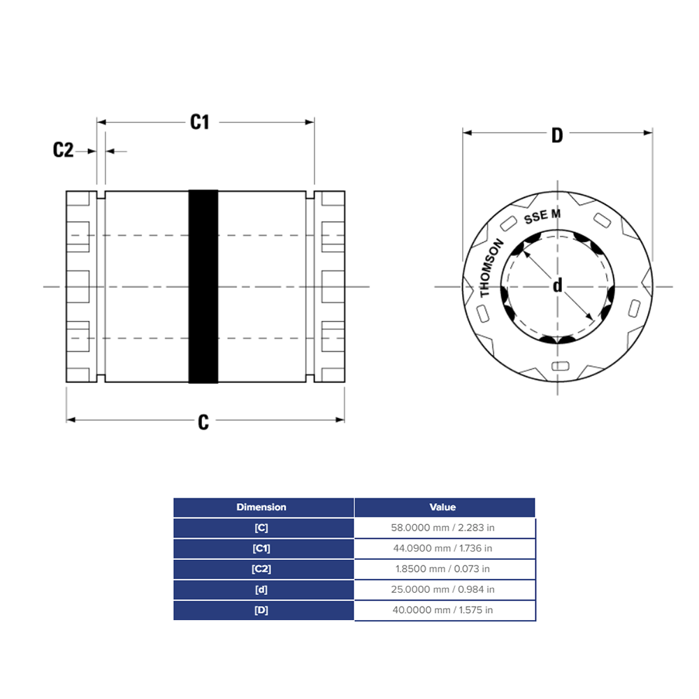 SSEM25 THOMSON BALL BUSHING<BR>SSE SERIES 25MM CLOSED LINEAR BEARING SELF ALIGNING ADJUSTABLE 1506.2 LBF